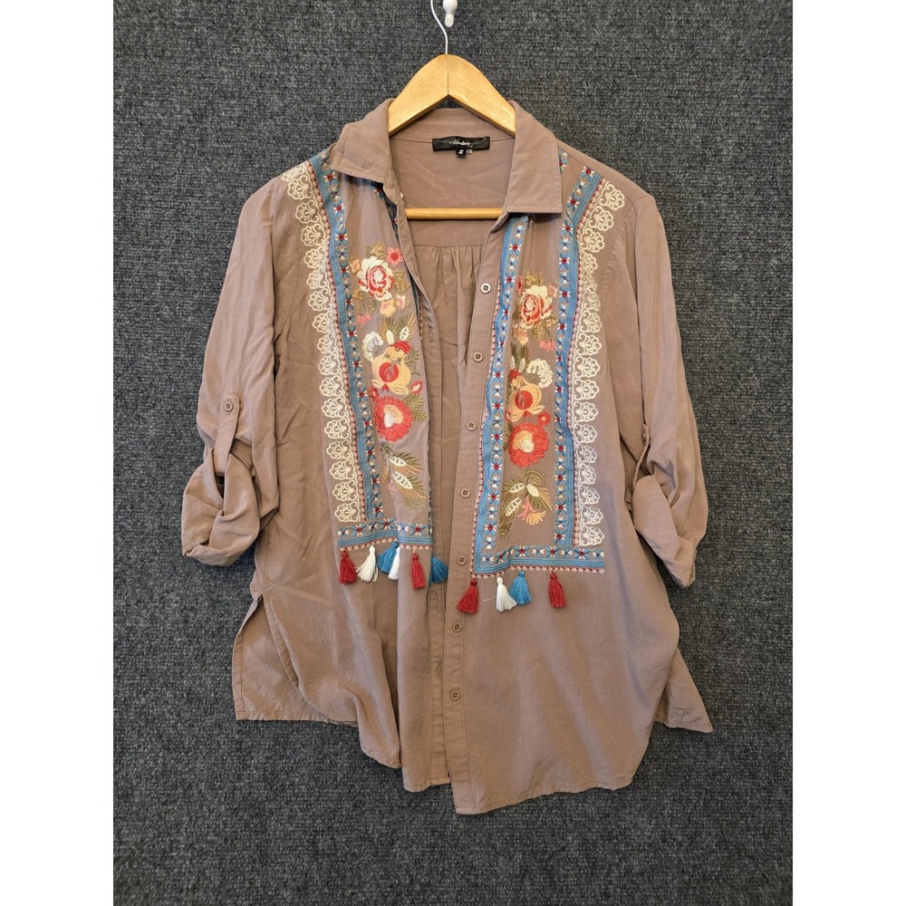 Andree By Unit Shirt Womens Small Brown Floral Embroidered Tassel Boho Tunic Top